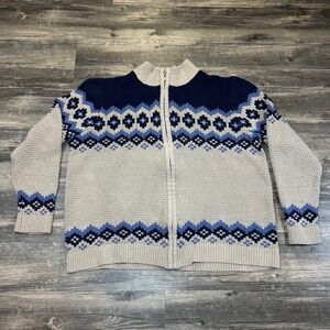 NorthCrest Classic Nordic Fair Isle Zip Sweater Oatmeal Blue Cabin Core Knit